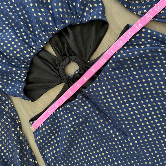 DELFI Collective Cerise Gown Blue Polka Dot Silk Metallic Gold Cut Out - Small - Picture 8 of 12